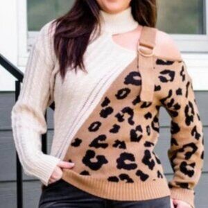 Andre By Unit Asymmetrical Buckle Sweater Size 1X Open Shoulder Animal Print